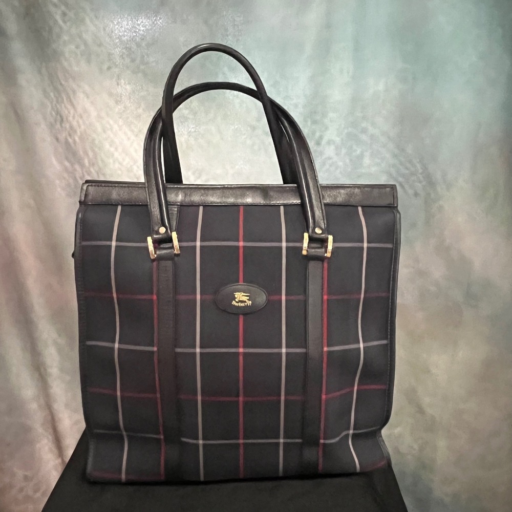 Burberrys Vintage Navy Check Canvas Leather Tote Bag Made in England‎ Prorsum
